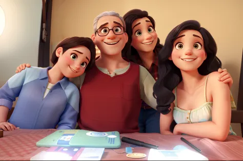 a young ladie besides her old father and two other sisters, everyone is smiling, disney pixar styl;e