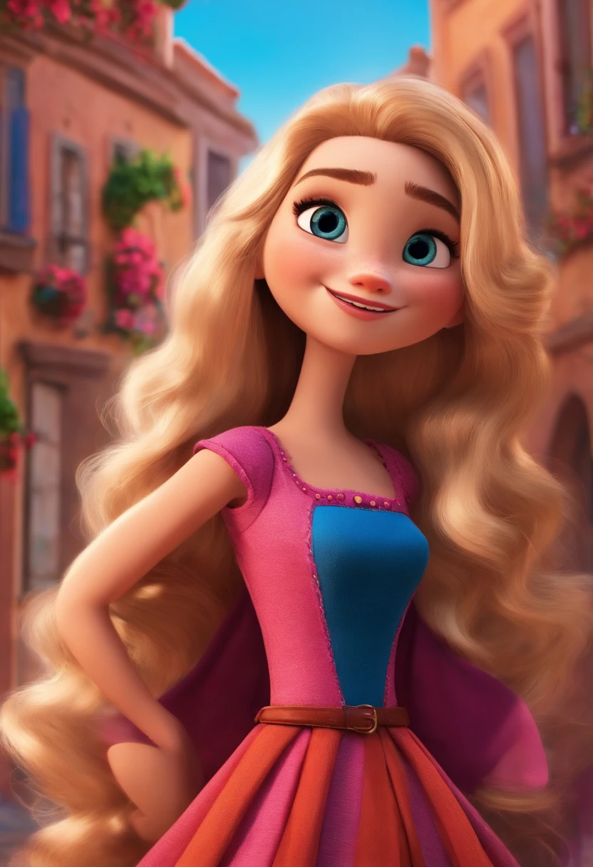 A cartoon picture of a girl with long blonde hair and a pink dress - SeaArt  AI