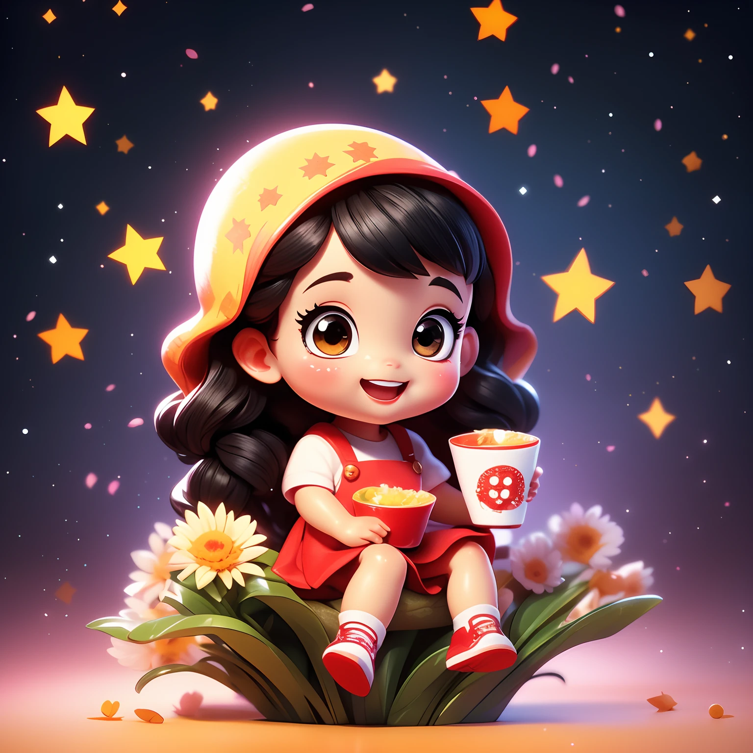 A small doll is placed on the lid of the cup ramen、A smile、Chibi Doll、Stars in the eyes（kirakira）、Eye Up、Long Black Hair、Laugh、Cute red shoes、Ultra Detail, radiant light、bio luminescent、Taken from the side、Stronger bokeh effect