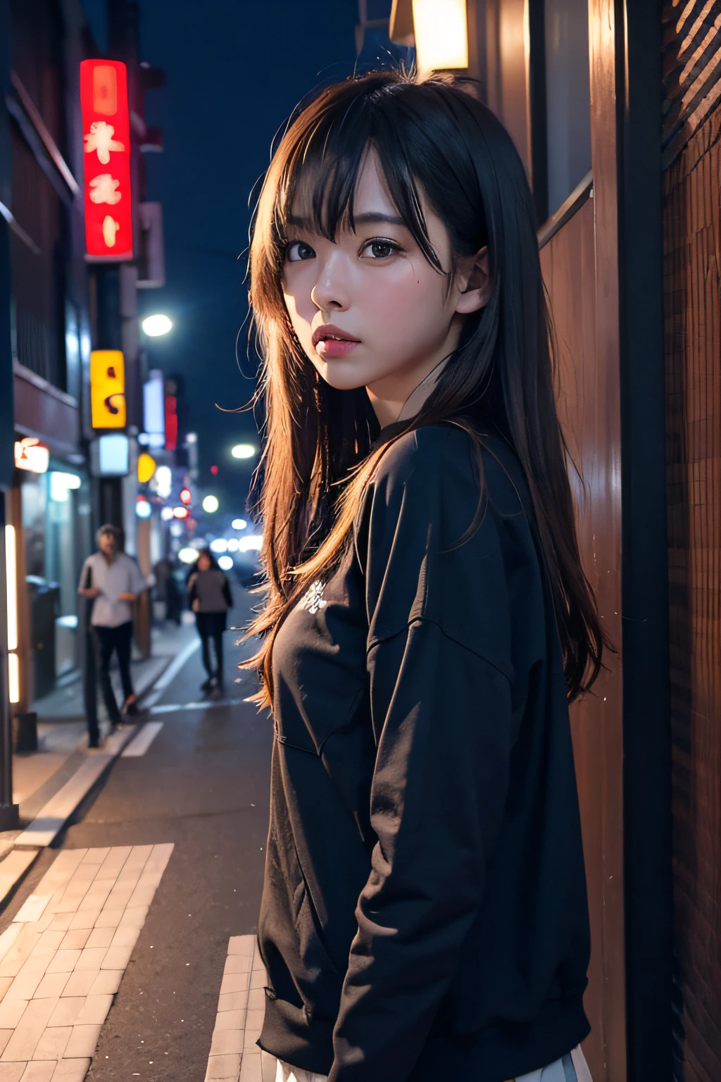 1 Mädchen、Straßen von Tokio、die Nacht、Eine Stadtlandschaft、Stadtlicht、Der obere Teil des Körpers、a closeup、8k、Top Qualität、Meisterwerk、realistisch、Photorealsitic、