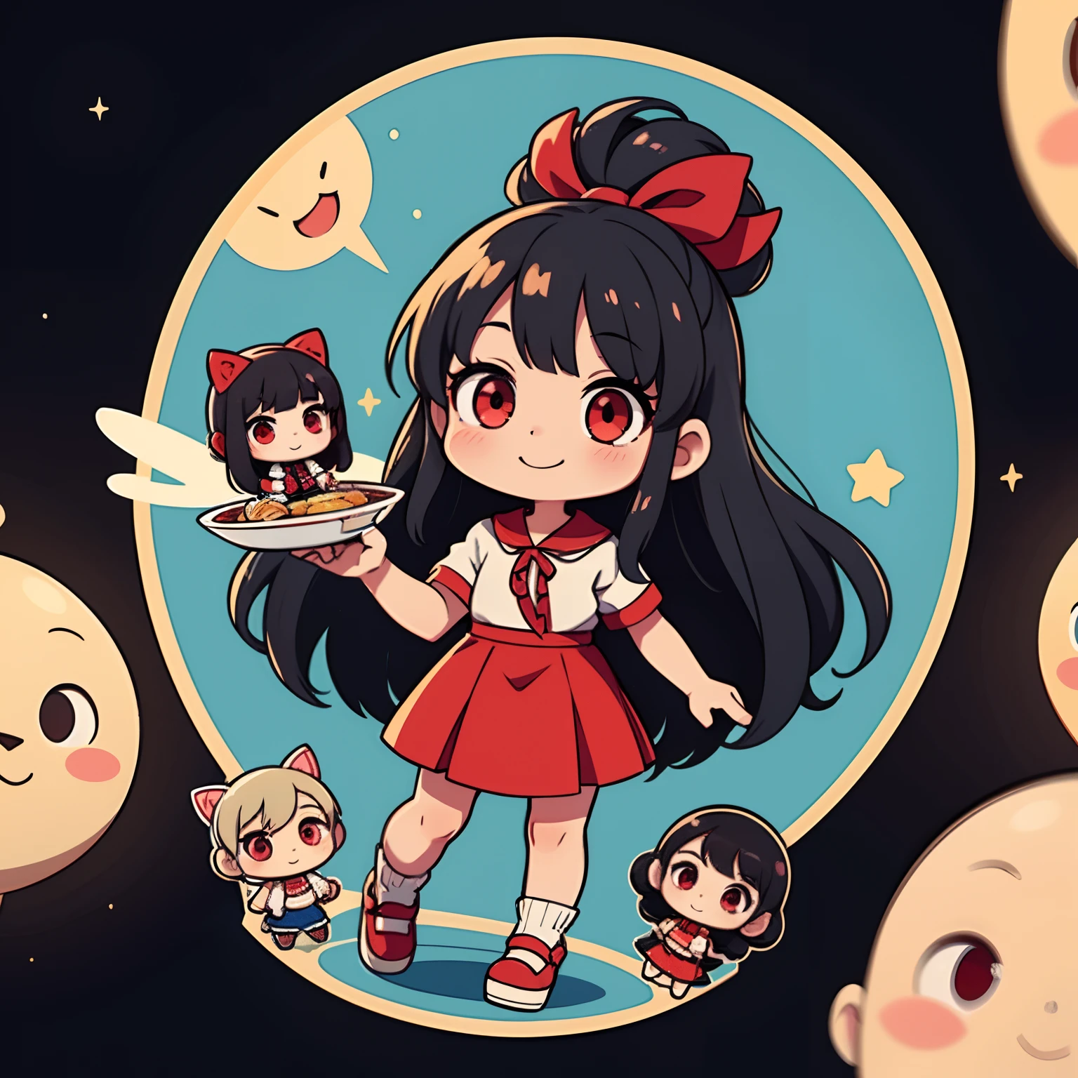 A small doll is placed on the lid of the cup ramen、A smile、Chibi Doll、Stars in the eyes（kirakira）、Eye Up、Long Black Hair、Laugh、Cute red shoes、Ultra Detail, radiant light、bio luminescent、Taken from the side、Stronger bokeh effect