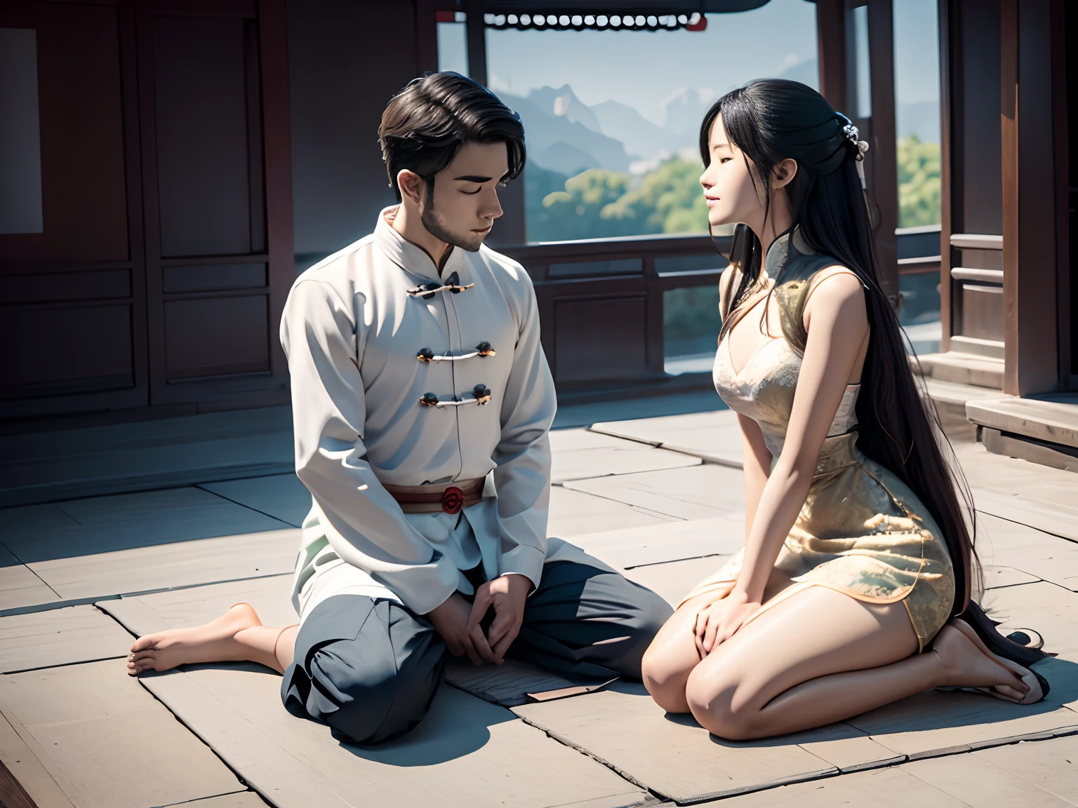 A young man and a young woman knelt face to face，Classical Chinese Room