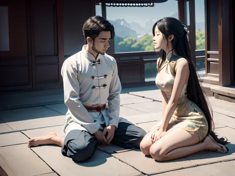 a young man and a young woman knelt face to face，classical chinese room