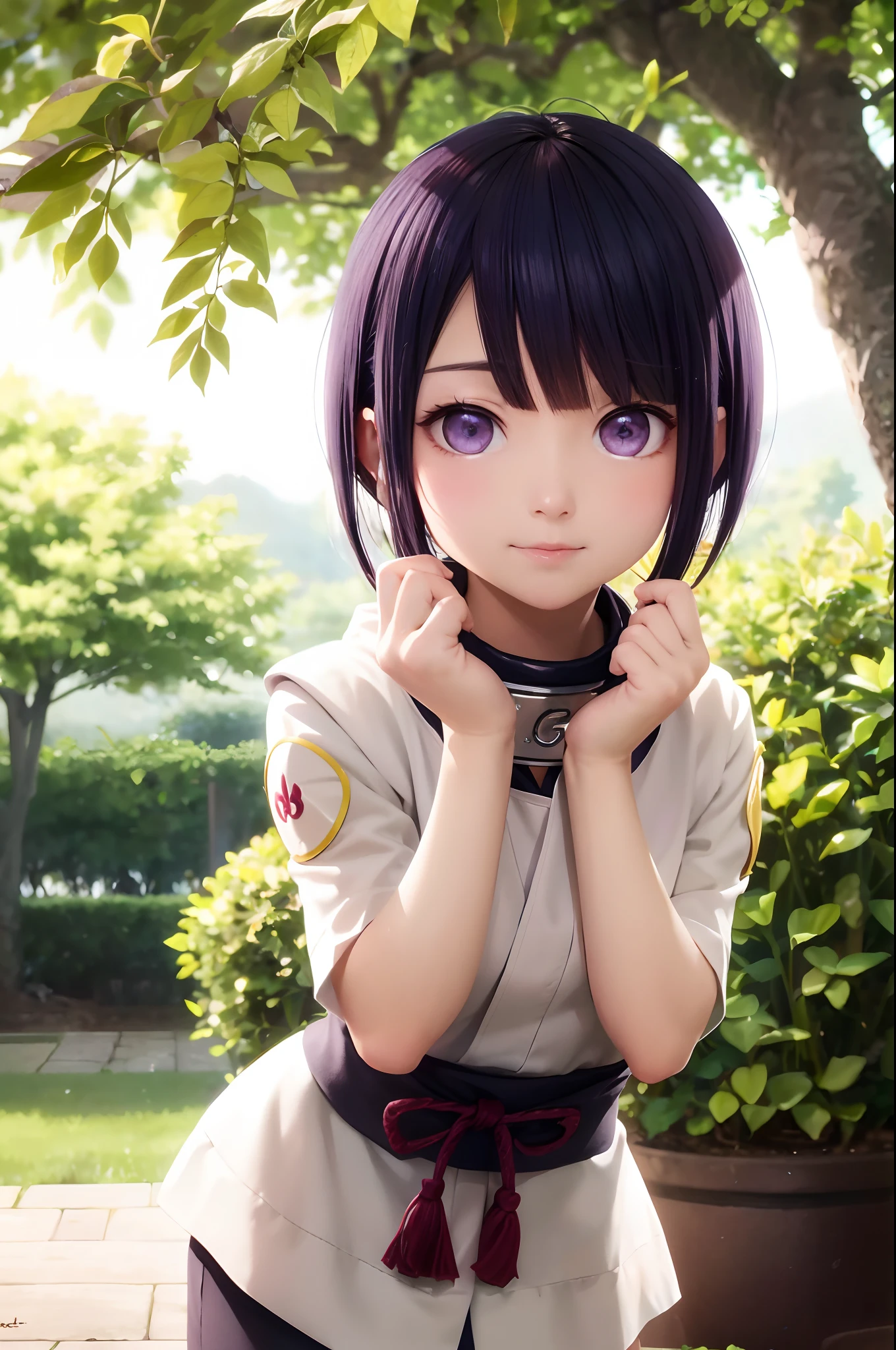 (The best quality,High Resolutions,Masterpiece:1.2),ultra detailed,realist,portraits,Hinata hyūga,Beautiful detailed eyes,beautiful detailed lips,Extremely detailed eyes and face,long eyeslashes,clear skin,pale complexion,shiny black hair,shoulder length hair,Characteristic lavender eyes,Calm expression,soft smile,understanding look,slender figure,white eyed ninja,User of Byakugan,Leaf Village Headband,Ninja attracts,68th Chief of the Hyūga Clan,protected by his Byakugan,Quiet garden background,lush green plants,colorful flowers blooming,soft sunlight flowing through the trees,ELEGANT POSE,standing among the cherry blossoms,Serene atmosphere,delicate beauty,Subtle hint of determination,Hint of wind gently blowing her hair,subtle shadows,painterly style,Soft color palette,Tonos outfits,Subtle reflections,Subtle shading,natural  lighting.