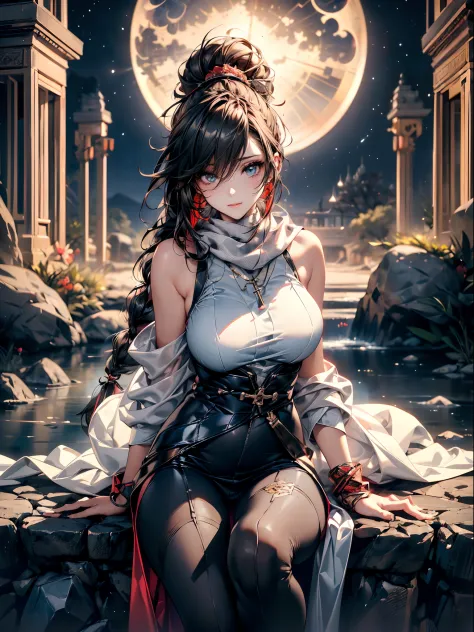 a matured woman with long black hair and a white outfit, (at a rock place in a desert:1.5), (resting in oasis:1.2, sitting with spreading legs:1.5, Yoga posing, with cross-legged:1.3, Indian style, in front of full moon:1.2), Arabic, (Post apocalyptic:0.0)...
