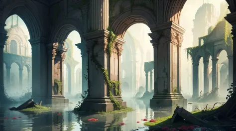 Ruins with flooded vines rose. arte digital.epic style.high quality.full detail