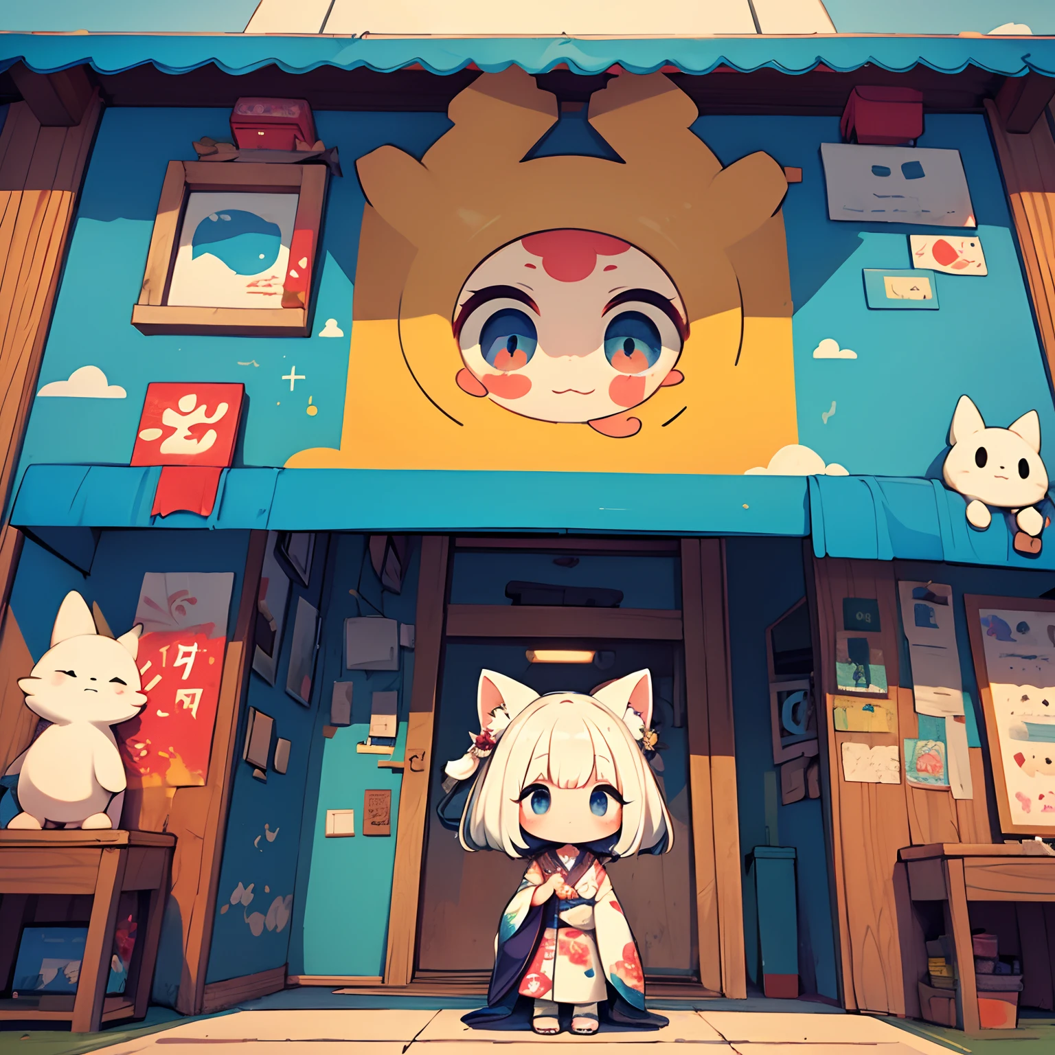 ​masterpiece、Cute、Chibi、A girl who personified a yokai painted wall、细致背景