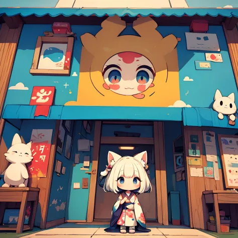 ​masterpiece、cute、chibi、a girl who personified a yokai painted wall、细致背景