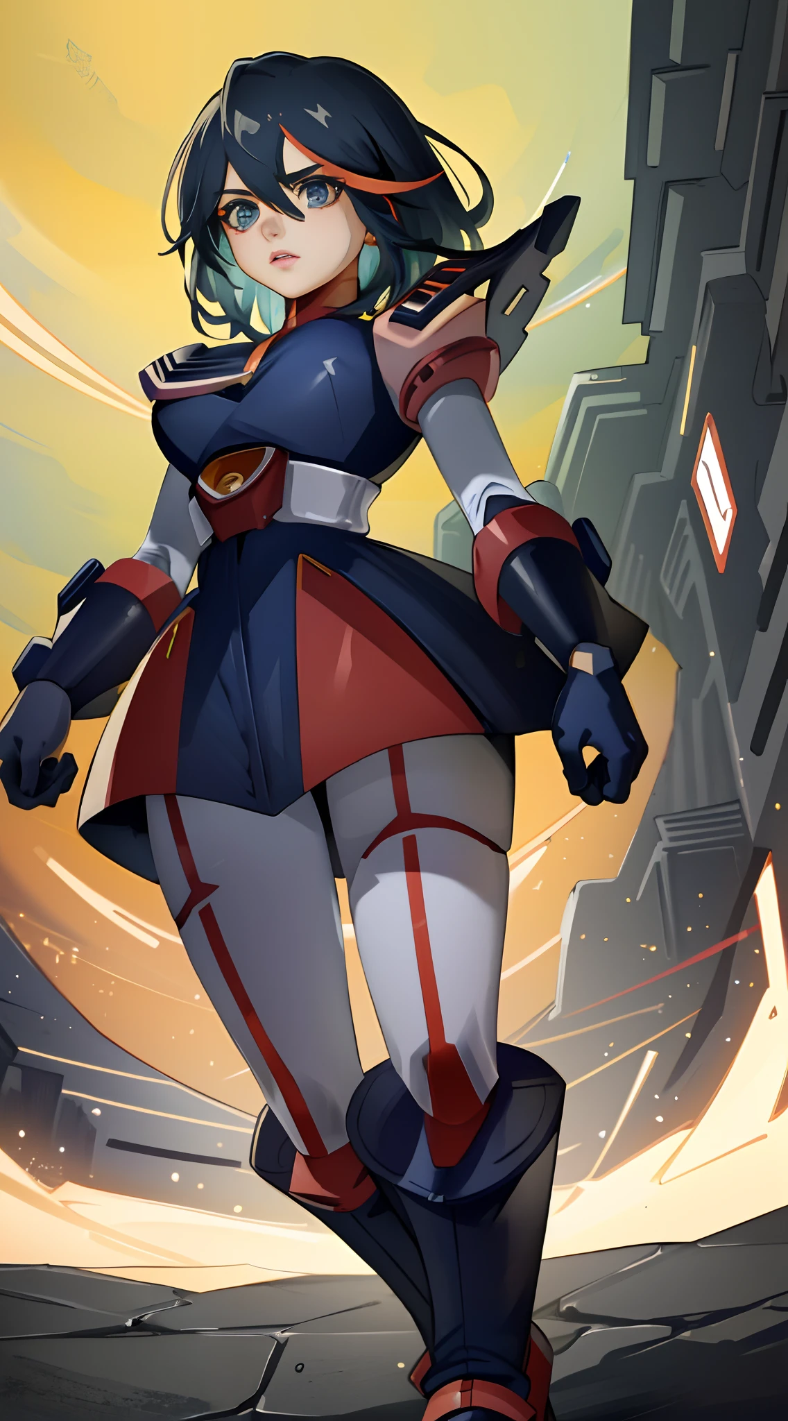 (best quality, ultra-detailed, highres, 4K, 8K, masterpiece:1.2), character, Ryuko Matoi, (beautiful detailed eyes, beautiful detailed lips, extremely detailed eyes and face, longeyelashes), suiting up, full-megaman suit, heavy Protoman suit, Protoman arm blade, fierce expression, (bright, vibrant) colors, (dynamic, energetic) pose, (sci-fi, futuristic) atmosphere, looking down at clothing, lab background, calm background