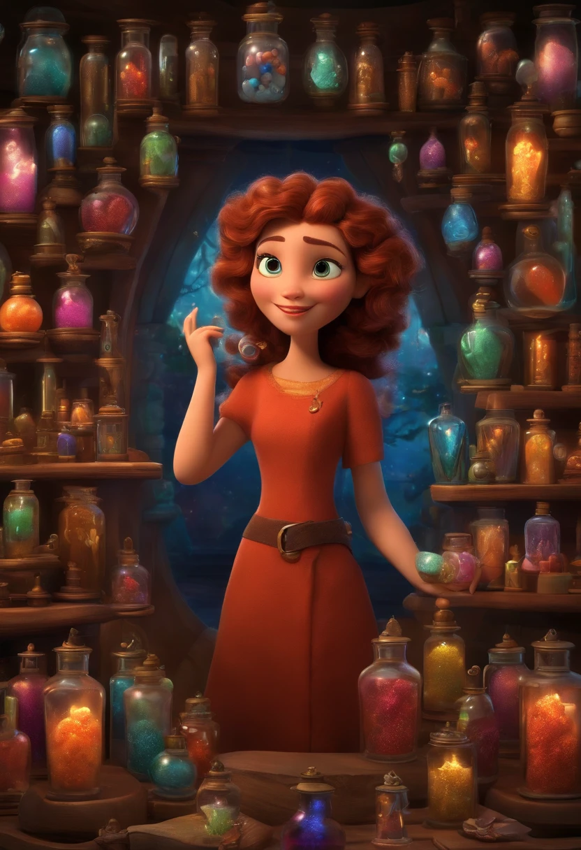 A collector of ideas inspired by Pixar animation, de perto. She is surrounded by a collection of magic vials, each containing a unique idea. The focus is on the character, with a captivating facial expression, Against a backdrop of shimmering, cores efervescentes.