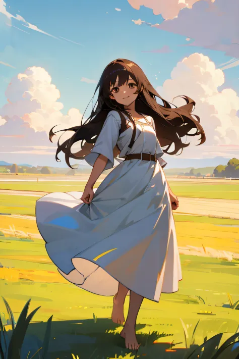 White anime girl, long dark hair, brown eyes, long plain white dress, leather belt, barefoot, standing, smiling face, looking to the viewer, grassy field, sky background, sunny and cloudy day.