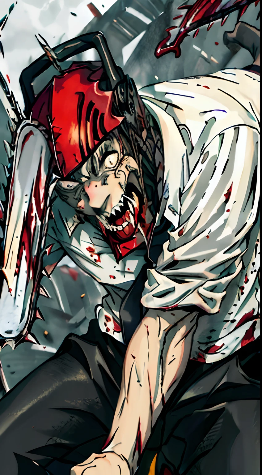 Anime zombie with chainsaw and bloody face on a black background - SeaArt AI