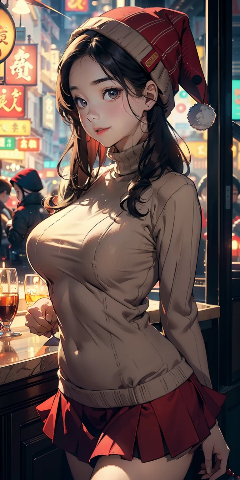 realisticlying、11 year old girl、Wearing a beige tight-fitting turtleneck sweater、Wearing a red knitted hat、Wearing a ruffled miniskirt、Breasts enlarged、Versatile sexy poses、Face smile、Hong Kong on Christmas Night、Emphasis on chest contour shading