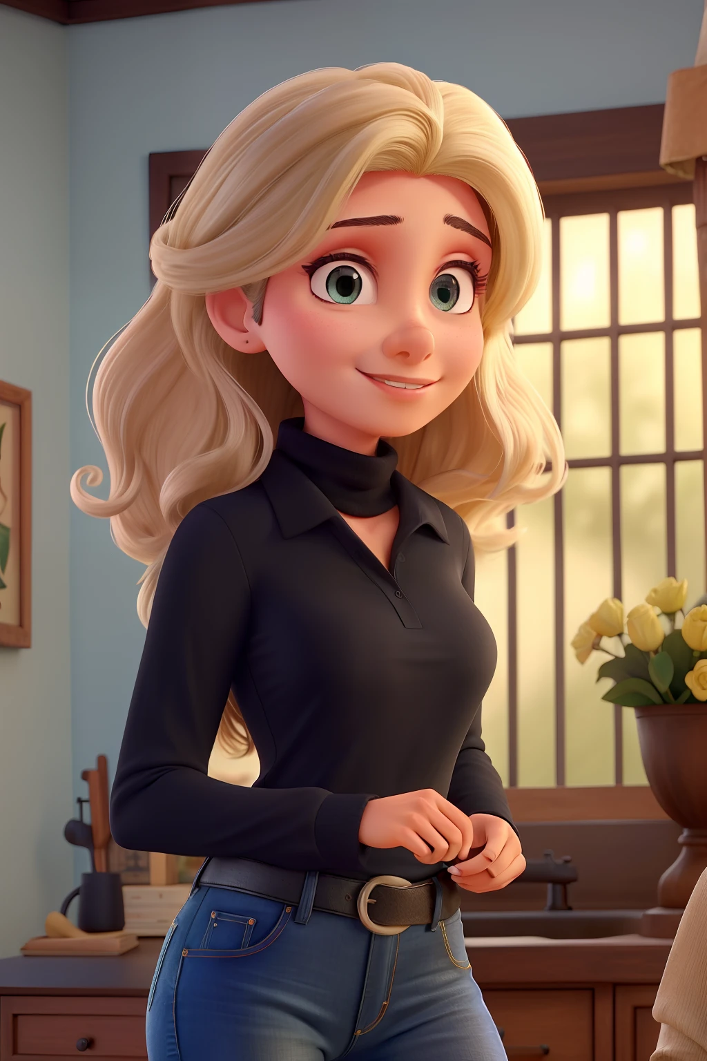 Mulher branca com cabelo grisalho curto, boca grande, olhos castanhos claros, Wearing jeans and a black polo neck polo blouse, 47 Anos, Estilo Disney Pixar