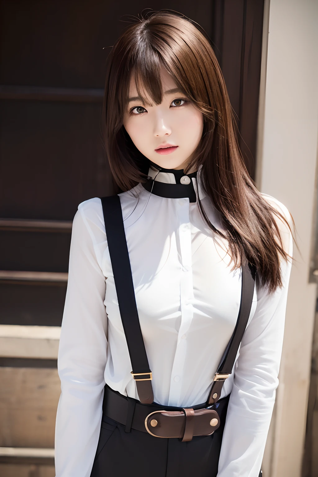 ​masterpiece、flat-colors、depth of fields、lens flare 1 girl、、Brown hair、watching at viewers　　　　a belt　black suspenders　　　large full breasts　　　 　 Armpit sweat　perspiring　Side of both hands　　walls: 　Black pants, Black jacket holster　Leg holster　　　arma　Gaze　　　Small face　bangss