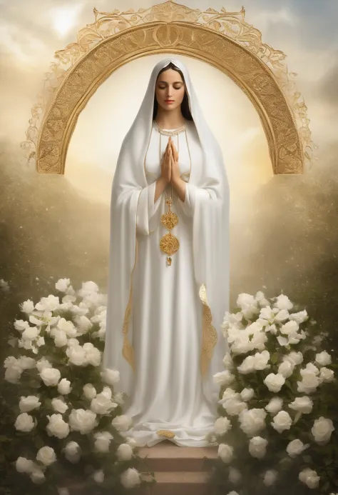 fundo branco, Our Lady of Fatima. Serene face and his eyes are closed and express calmness and pity. Dark hair but all covered by the long white veil that falls over her shoulders. seu manto branco que cobre todo o corpo (except the hands and feet) com det...