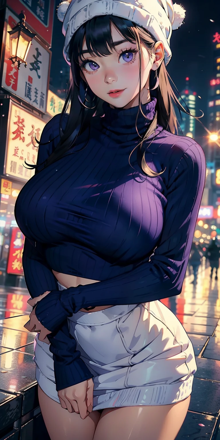 realisticlying、11 year old girl、Emphasis on chest contour shading、Wearing a tight-fitting purple turtleneck sweater、Wearing a white knitted hat、Wearing a ruffled miniskirt、Breasts enlarged、Versatile sexy poses、Face smile、Hong Kong on Christmas Night