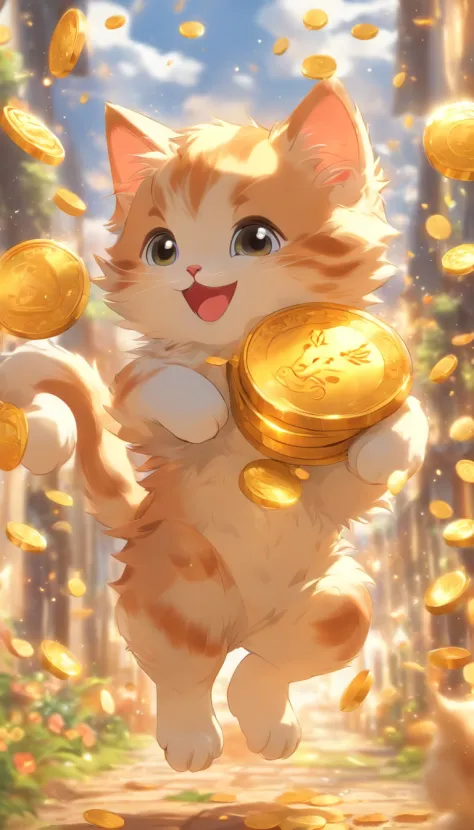 A cute kitten with round eyes playing with it, Holding a cornucopia，Collect gold coins that fall from the sky，the background is clean