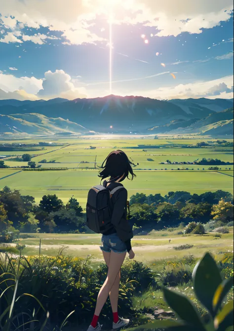The Vast Sky, Beautiful skyline, Large grasslands, extremely tense and dramatic pictures, the moving visual effects, the high-hanging Polaris, and colorful natural light. A long-sleeved top, Denim shorts, And a black girl with a backpack.