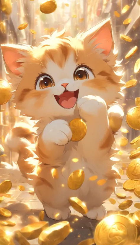 A cute kitten with round eyes playing with it, Holding a cornucopia，Collect gold coins that fall from the sky，the background is clean，Upper white space，The subject is narrowed