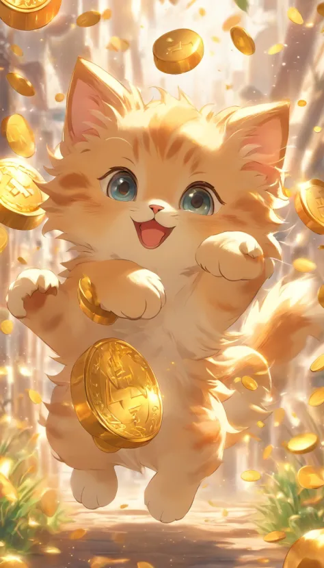 A cute kitten with round eyes playing with it, Holding a cornucopia，Collect gold coins that fall from the sky，the background is clean，Upper white space，The subject is narrowed