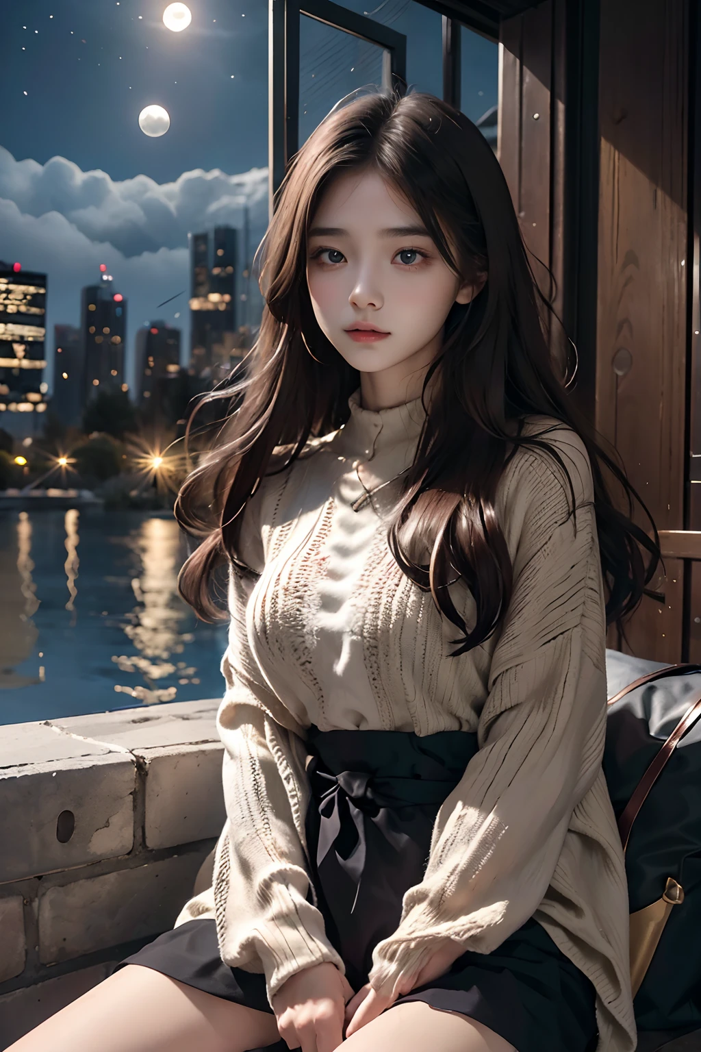 20 yr old girl, beautiful detailed eyes, full moon, sitting, dark background, moonlight, city, masterpiece, best quality, illustration,