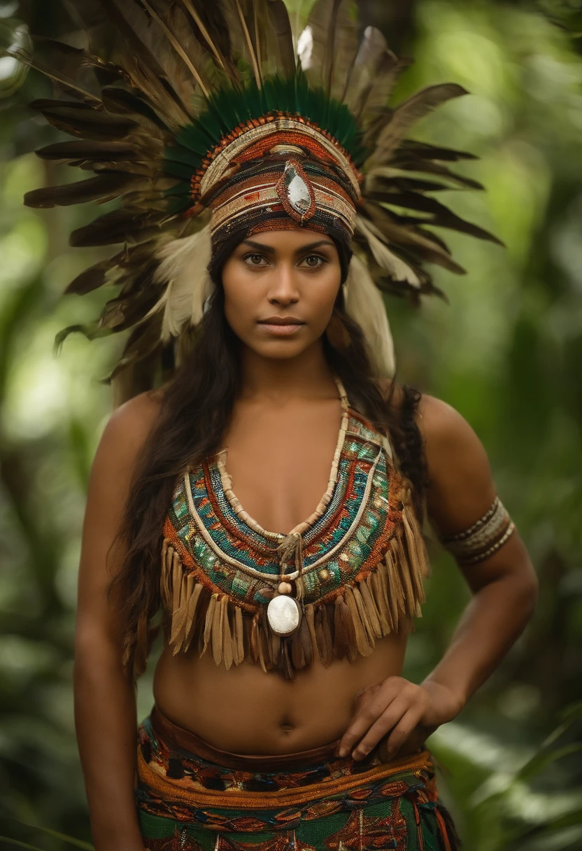 Woman in brazilian native costume standing in a forest, tribal clothing, wearing a fang choker, native, amazon indigenous peoples in brazil, tribal style, : Indian warrior woman, tribal armor, a young female shaman, aztec warrior goddess, amazon warrior, beautiful young female shaman, tribal jewelry, greeneyes, emerald eyes, darkskin, green eyes, deep eyes.