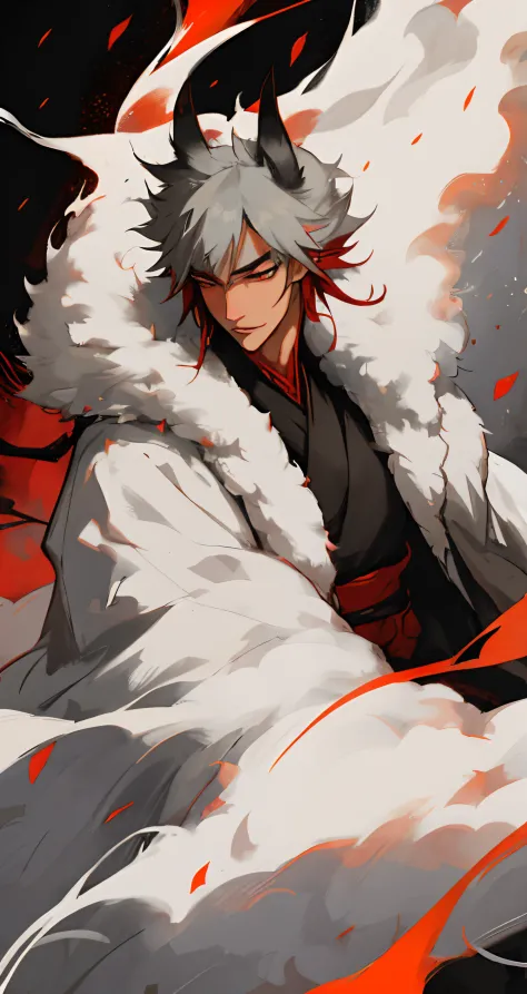 male, kitsune,gray-whiteshort hair,big fox ears,fluffy tail,cold and sharp eyes,long eyelashes,slim yet strong body, red traditi...