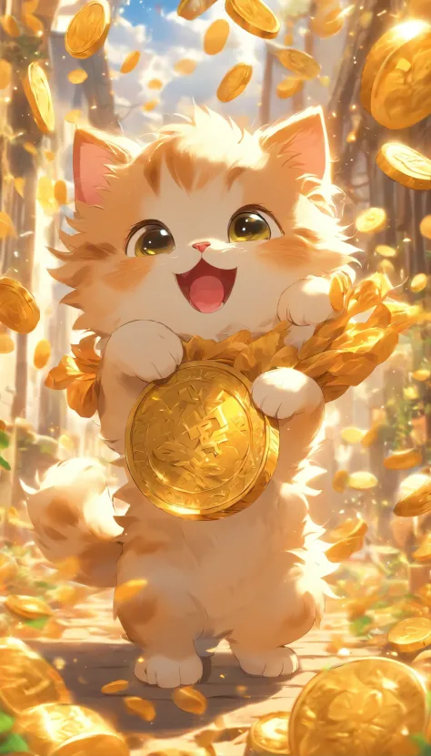 A cute kitten with round eyes playing with it, Holding a cornucopia，Collect gold coins that fall from the sky