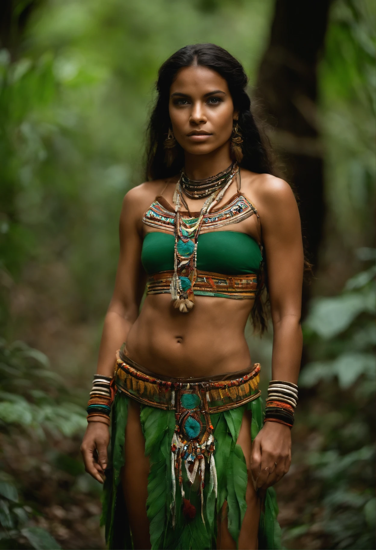امرأة ترتدي زيًا برازيليًا محليًا تقف في الغابة, الملابس القبلية, يرتدي قلادة الناب, محلي, شعوب الأمازون الأصلية في البرازيل, النمط القبلي, : المرأة الهندية المحاربة, درع قبلي, شامان شابة, آلهة الأزتيك المحاربة, محارب الأمازون, شامان شابة جميلة, المجوهرات القبلية, عيون خضراء, لون العيون زمردي, بشرة داكنة, عيون خضراء, عيون غامقة.
