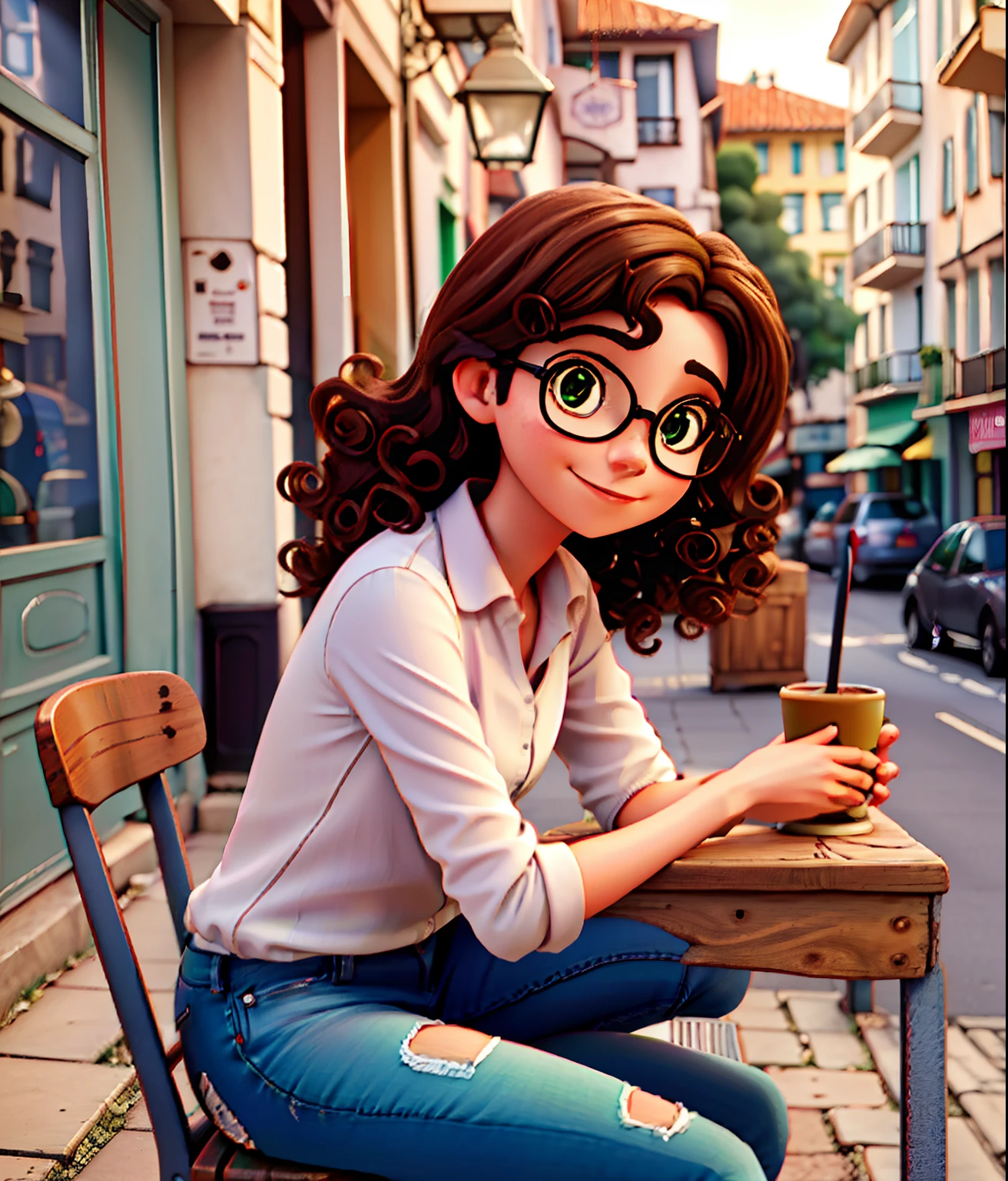 Beautiful Brazilian woman sitting and drinking coffee outside on the side of the street in a small café, beautiful face, Shoulder-length curly brown hair with green eyes and glasses, Wearing jeans and a black polo shirt, grande estilo de moda, looking at you with loving eyes and a soft smile, Background is a European city of the city center, fundo desfocado, profundidade de campo rasa, Cinematic light, luz suave, retroiluminado, micro-detalhes, renderizado, fotorrealista, cinemactic, 85mm 1.4