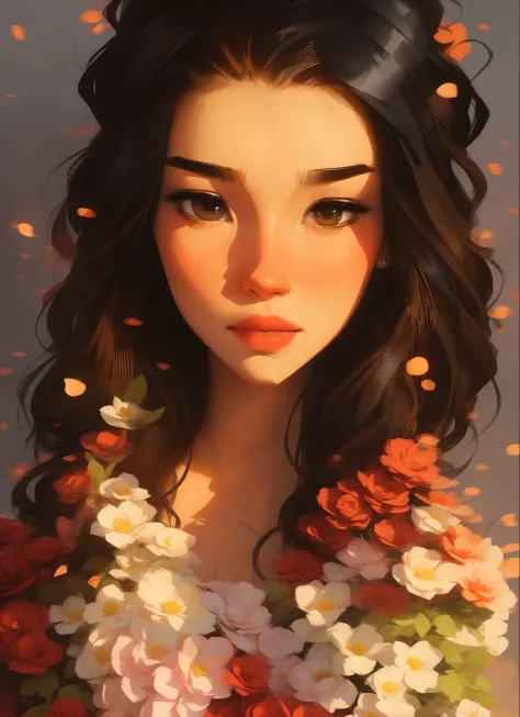 samdoesarts Charlie Bowater realistic Lithography sketch portrait of a woman, flowers, [gears], pipes, dieselpunk, multi-colored...