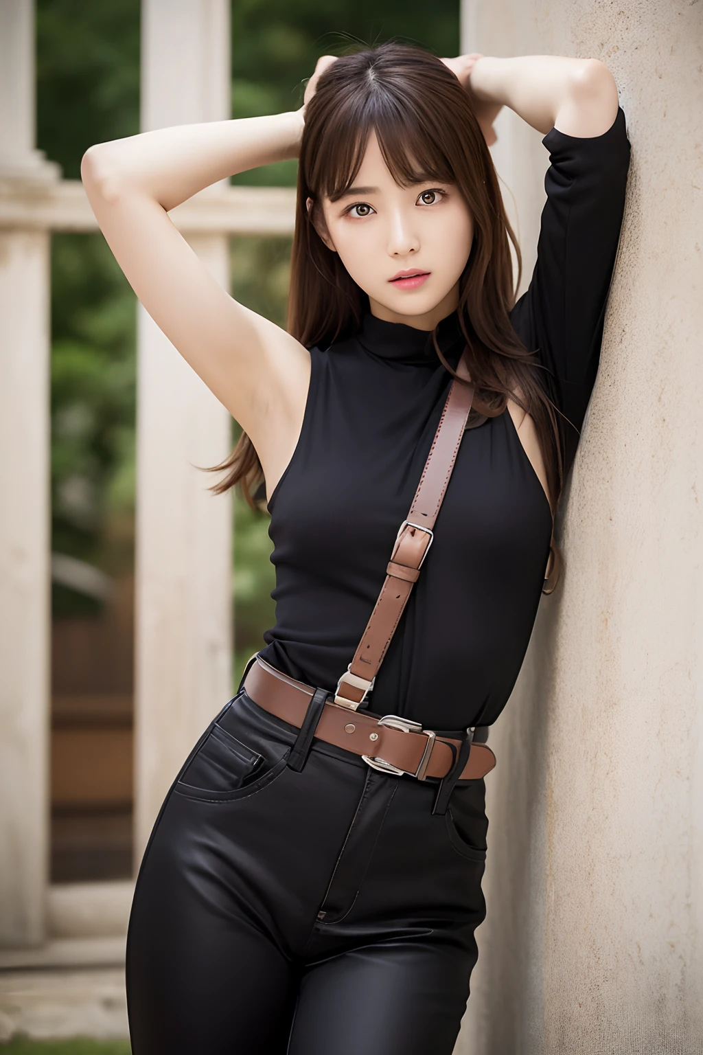 ​masterpiece、flat-colors、depth of fields、lens flare 1 girl、、Brown hair、watching at viewers　　　　a belt　black suspenders　　　large full breasts　　　 　 Armpit sweat　perspiring　Side of both hands　　walls: 　Black pants, Black jacket holster　Leg holster　　　arma　Gaze　　　Small face　bangss