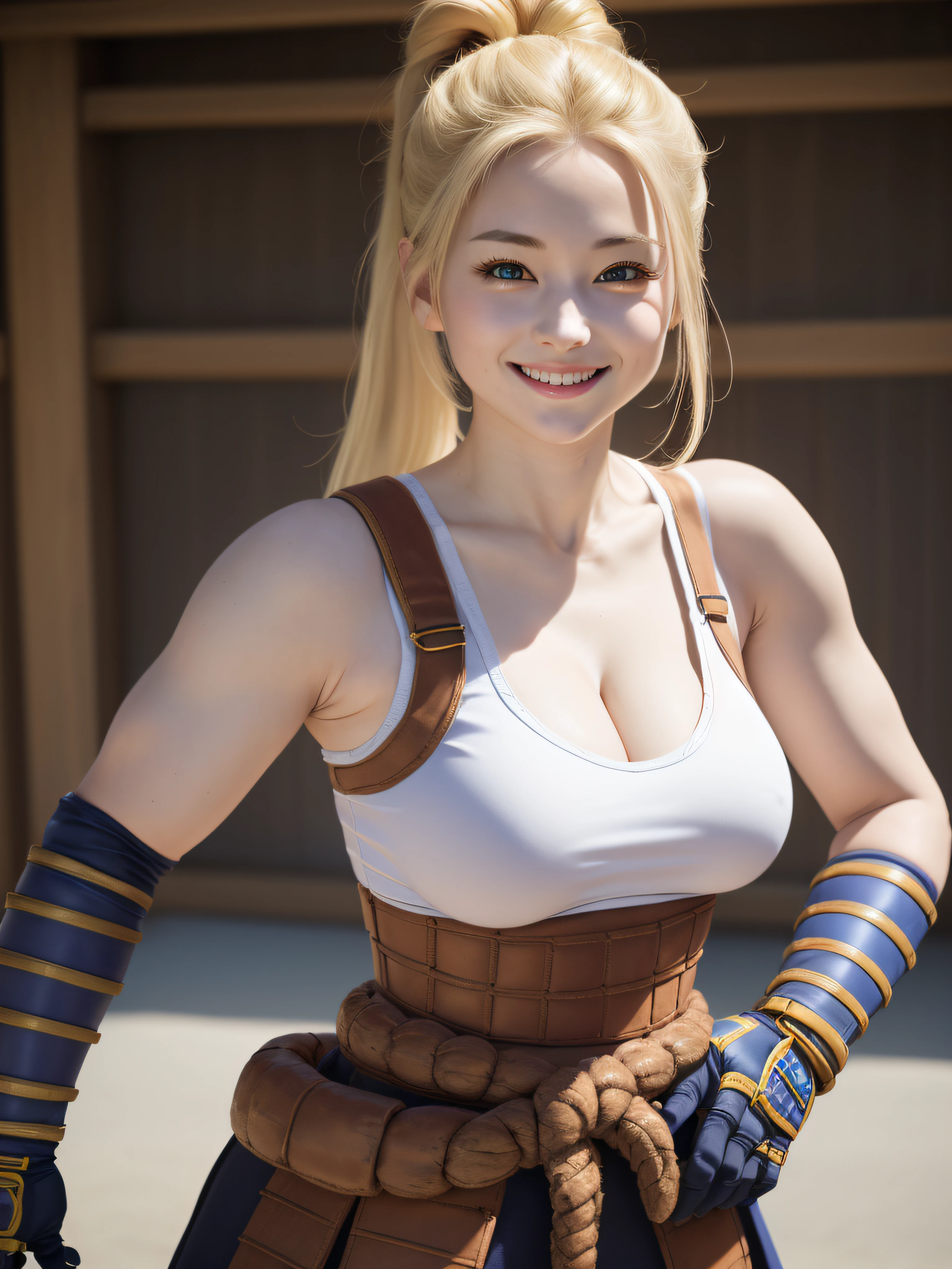 masterpiece, best quality, absurdres, perfect anatomy, (((1girl))), (((solo))), BeatrixAmerhauser, ponytail, white tank top, sleeveless, cleavage, japanese armor, gloves, smile, large breasts.