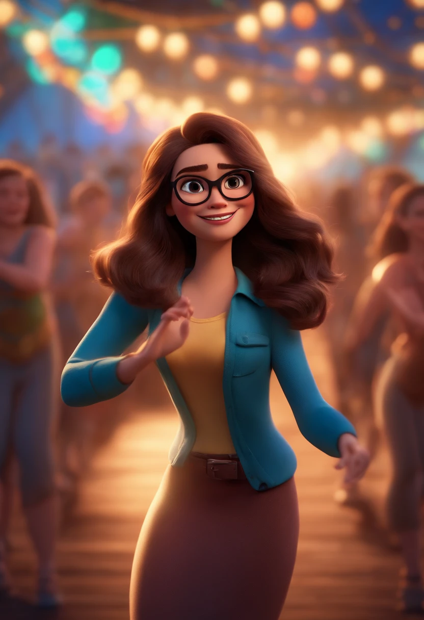 A cartoon girl in glasses and a dress is dancing in a crowd - SeaArt AI