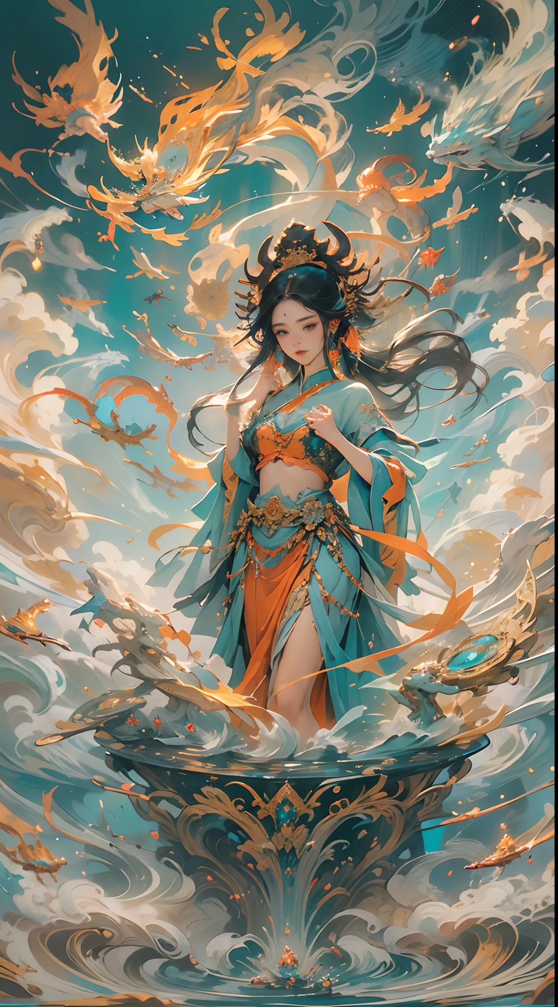 Décrivez une histoire mythique de Nuwa réparant le ciel，Mythologie et histoires chinoises，Elle a fait fondre les pierres de cinq couleurs pour réparer les cieux；Arrêté les inondations monstrueuses。Contexte profond，absurdes，Fantastique et incroyable，épique composition，(Détails compliqués，Hyper-détaillant:1.2)，Ultra photo réaliste, épique réaliste, ((avec des couleurs neutres)),(couleur pastel:1.2), Hyper réaliste, + tournage de cinéma + composition dynamique, incroyablement détaillé, aiguiser, cinématique, lumières chaudes, effet de lumière, Lumière dramatique, (Détails complexes:1.1), le contexte complexe, (Greg Rutkovski:0.8), (bleu sarcelle et orange:0.3），épique, élégant，élégant，(Ornements complexes et complexes:1.1),L&#39;image de la Grande Déesse，