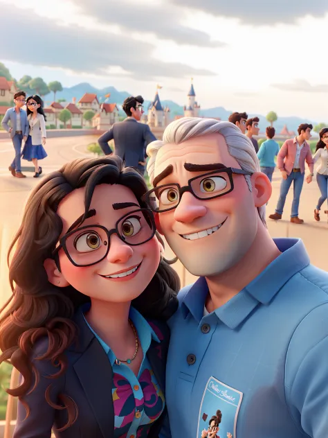 romantic couple, just like the Disney Pixar movies, she has black hair and wears glasses.  Ele tem cabelos castanhos claros, He's wearing glasses and skinny and he's wearing a blazer and jeans with black shoes