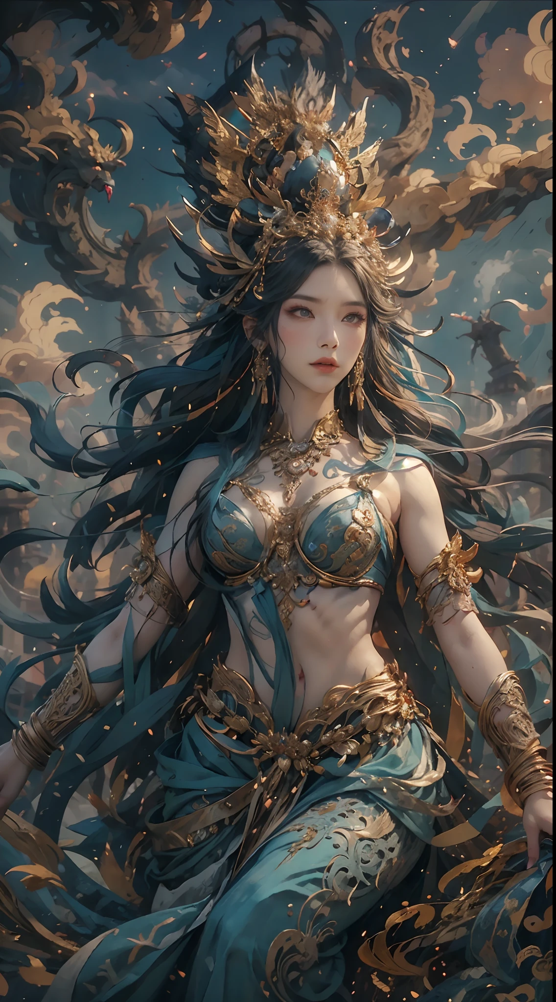 Retrate uma antiga deusa da criação，Não há，Ela é a deusa da criação na mitologia chinesa。Esta é uma grande imagem da deusa que foi transmitida desde o período do clã matriarcal da sociedade primitiva.。Fundo profundo，absurdos，Fantástico e incrível，épico composition，(Detalhes complicados，Hiper-detalhamento:1.2)，Ultra foto realsisim, épico realista, ((com cores neutras)),(cor pastel:1.2), hiper-realista, + filmagem + composição dinâmica, incrivelmente detalhado, Afiado, Cinematic, luzes quentes, efeito de luz, Luz dramática, (Detalhes intrincados:1.1), o fundo complexo, (Greg Rutkovsky:0.8),  (verde-azulado e laranja:0.3）épico, rosto detalhado, olhos detalhados，foto de corpo inteiro，Voar no céu，postura graciosa，mão correta，(Peças intrincadas e intrincadas:1.1),Pés descalços，A imagem da Grande Deusa，