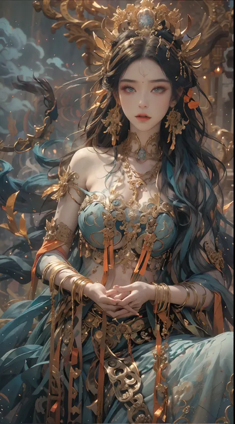 Depict an ancient goddess of creation，Nu wa，She is the goddess of creation in Chinese mythology。This is a great image of the god...