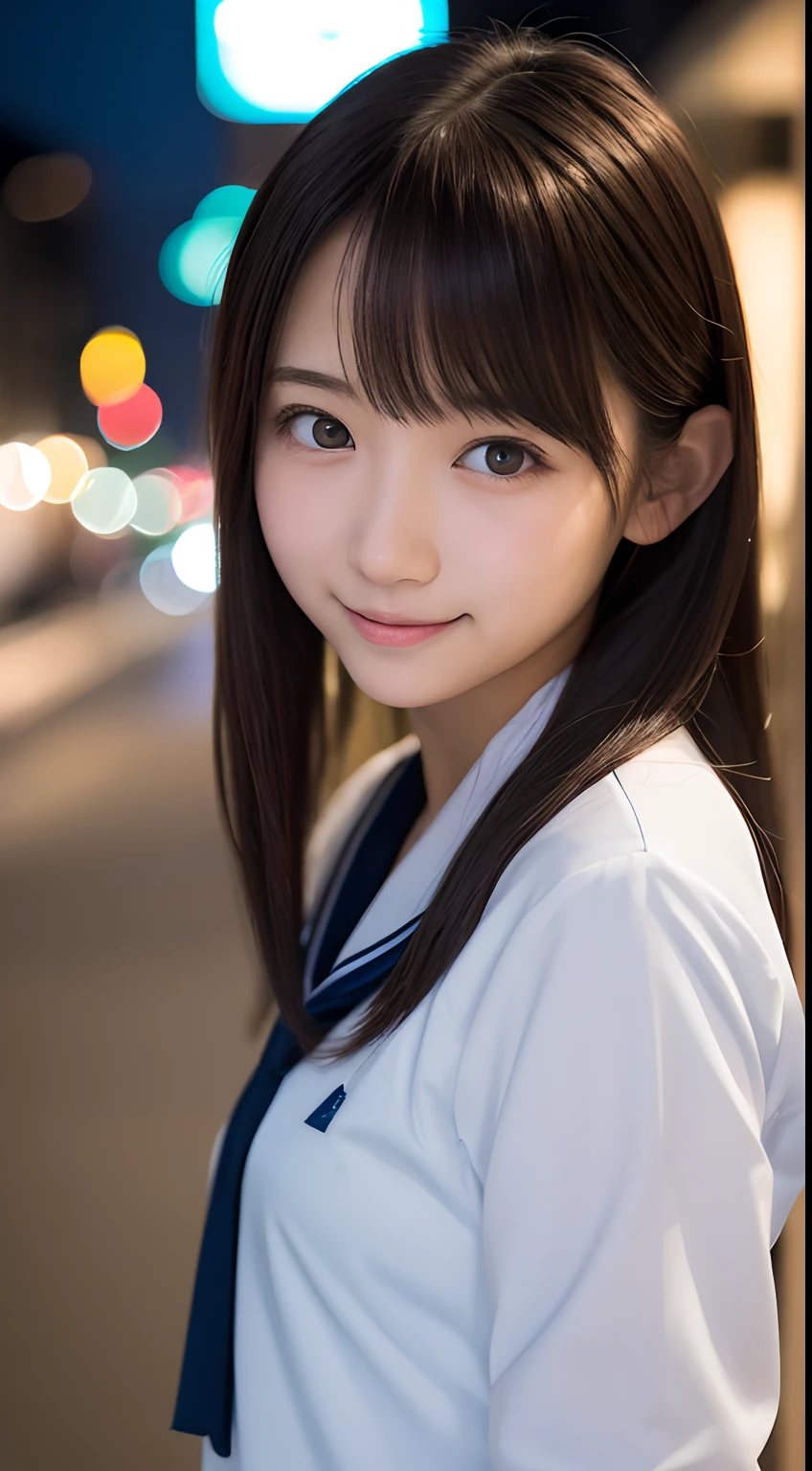 masutepiece, Best Quality, 8k, 15yo student, Teen, Raw photo, absurderes, award winning portrait, Smile, Smile, 独奏, Night, neons, Idol face, violaceaess, gardeniass, Delicate girl, Upper body, Digital SLR, Looking at Viewer, candid, Sophisticated, zora々Right, Thin arms, Professional Lighting, Film grain, chromatic abberation, (Eyes and faces with detailed:1.0), (bokeh:1.1)、a sailor suit、Big Tits