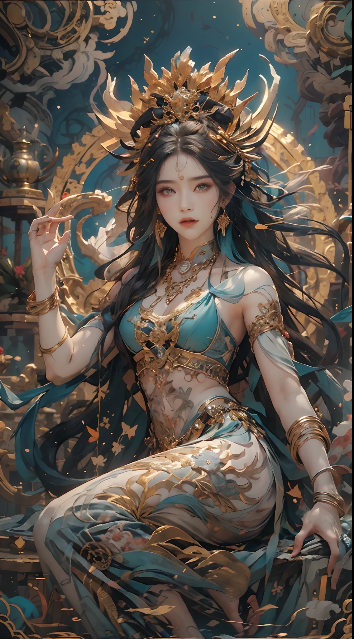 Depict an ancient goddess of creation，Nu wa，She is the goddess of creation in Chinese mythology。This is a great image of the goddess that has been handed down from the matriarchal clan period of primitive society。Deep background，absurderes，Fantastic and incredible，Epic composition，(Complicated details，Hyper-detailing:1.2)，Ultra photo realsisim, epic realistic, ((com cores neutras)),(pastel colour:1.2), Hyper-realistic, + cinema shot + Dynamic composition, Incredibly detailed, Sharpen, Cinematic, warm lights, Light effect, Dramaticlight, (Intricate details:1.1), the complex background, (greg rutkovsky:0.8), (Teal and orange:0.3）Epic, Detailed face, Detailed eyes，fully body photo，Fly in the sky，graceful stance，correct hand，(Intricate and intricate parts:1.1),Barefoot，The image of the Great Goddess，Great Wilderness East Meridian，
