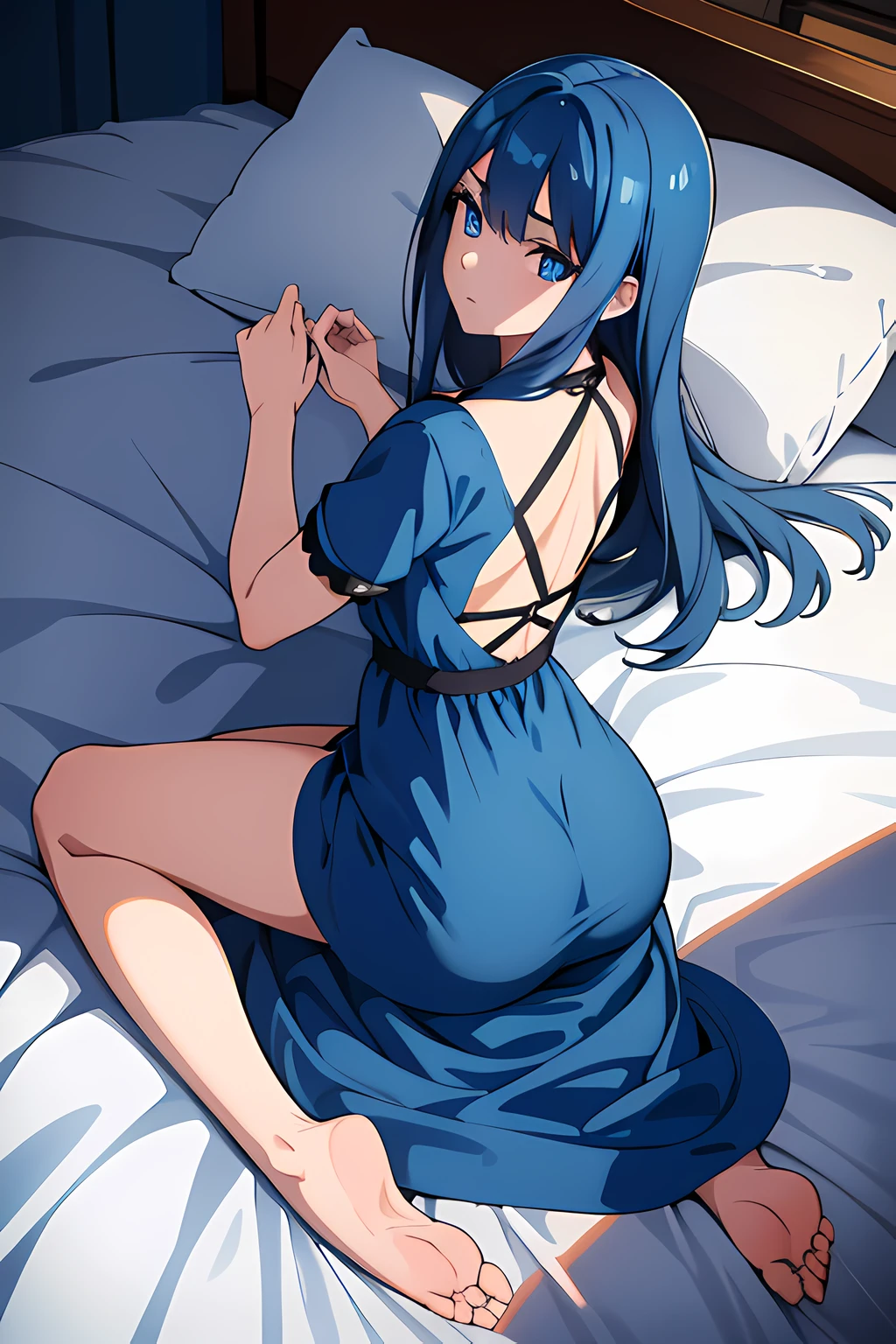 Anime girl in blue dress sitting on bed with white sheets - SeaArt AI