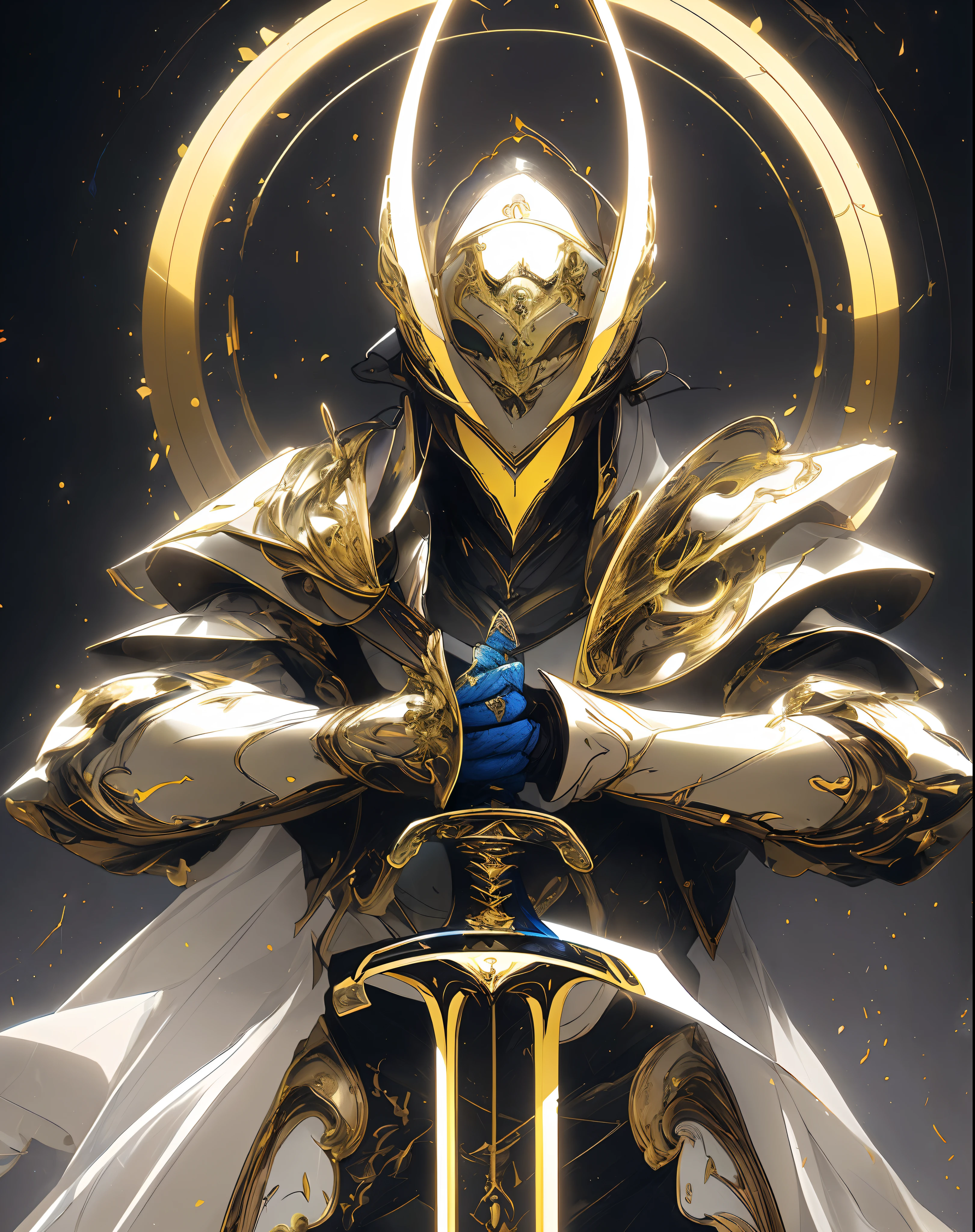 (masterpiece, top quality, best quality, official art, beautiful and aesthetic:1.2),(8k, best quality, masterpiece:1.2),CGDivineSwordsw, weapon, armor, solo, holding, horns, glowing, sword, 1boy, holding weapon, planted, male focus, glowing weapon, standing, helmet, gauntlets, holding sword, glowing sword, planted sword, shoulder armor, gradient, gradient background, greaves, pauldrons, (blue glow:1.3),