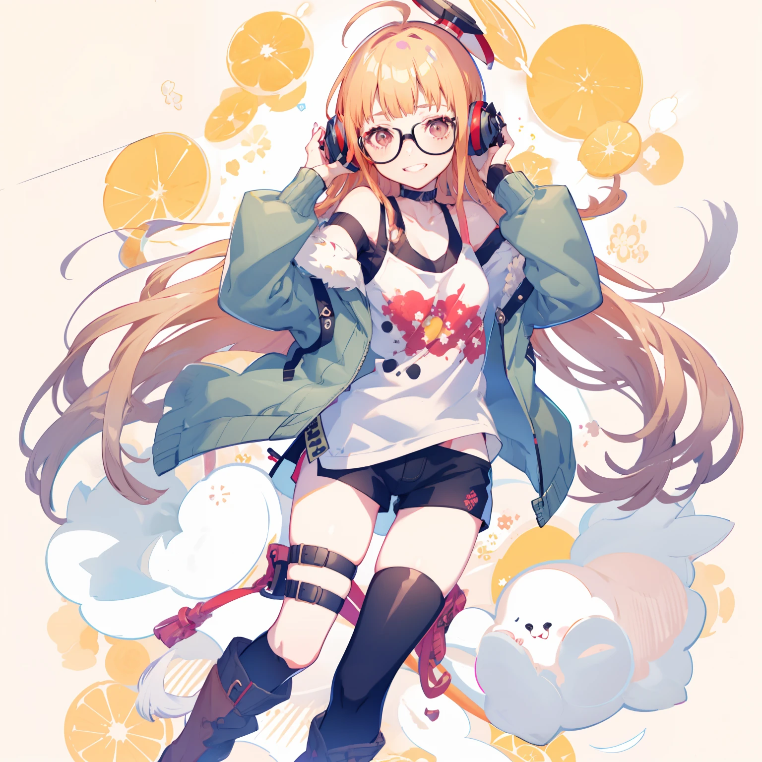 masutepiece, Best Quality, hight resolution, 1girl in, futaba sakura, Blunt bangs, Glasses, black-framed eyewear, Ahoge, Small breasts, Glasses, headphones, behind-the-head headphones, White shirt, Jacket, off shoulders, Fur trim, fur-trimmed jacket, Green jacket, Shorts, thighs thighs thighs thighs, long boots, Cowboy Shot,the golden hour、grin、Fluttering chest