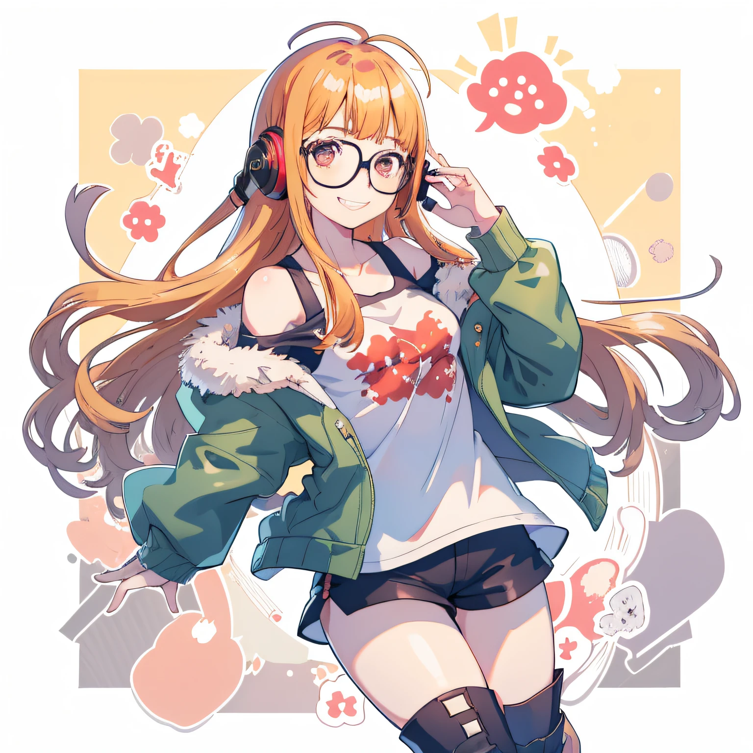 dessus de la table, Meilleure qualité, haute résolution, 1 fille dans, sakura futaba, frange émoussée, Lunettes, lunettes à monture noire, ahogé, Petits seins, Lunettes, écouteurs, behind-the-head écouteurs, chemise blanche, veste, hors des épaules, bordure en fourrure, veste bordée de fourrure, veste verte, shorts, cuisses cuisses cuisses cuisses, bottes longues, tir de cow-boy,l&#39;heure d&#39;or、sourire