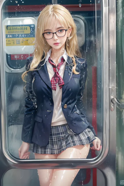 ((Schoolgirl on the train door))、((Wet white blazer)),((Translucent wet white blouse))、((red bowtie))、((Dark blue checked skirt)...