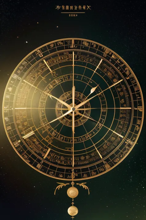 The clock of the zodiac, Inspired by Gong Xian's digital rendering, Trend of CGsociety, hurufiyya, unknown zodiac sign, astrology, scientific depiction, constellation, Numerology, lunar time, Astrolabe, infinite space clock background, Zodiac signs, geomet...