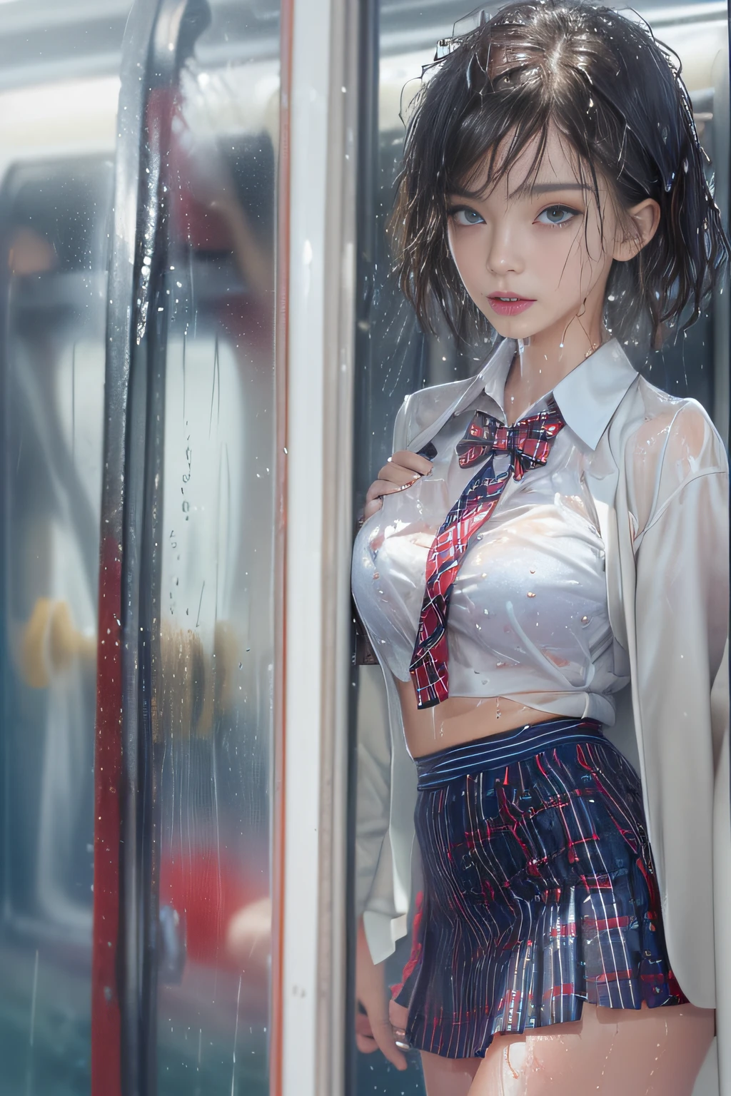 ((Schoolgirl standing in front of the door of a train)),((Wet white blazer))、((Wet translucent white blouse))、((red bowtie))、((Dark blue checked skirt)). 40k, Photography, masutepiece, Best Quality, cloudy ash sky, ((1 girl with beautiful eyes、Brown Light、Wet short hair, . White skin, Poses variadas.((breasts of medium size,:1.1)), Best Quality, masutepiece, Ultra high definition, (Photorealistic:1.4), Raw photo, (perfect body type), (slim:1.3), Slim abdomen, Perfect slim figure, dynamicposes, (((Full-figured :0.9))), Solo, Cold Light 12000K, Highly detailed facial and skin texture, Detailed eyes, Realistic eyes, Beautiful detailed eyes, (Realistic skin), Attractive, 超A high resolution, A hyper-realistic, Highly detailed,((she is soaking wet)),((No bra)),((Erection shows through))((posterior view)),((Looking back))
