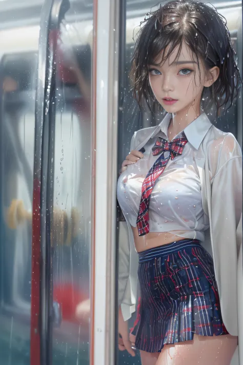 ((Schoolgirl standing in front of the door of a train)),((Wet white blazer))、((Wet translucent white blouse))、((red bowtie))、((D...