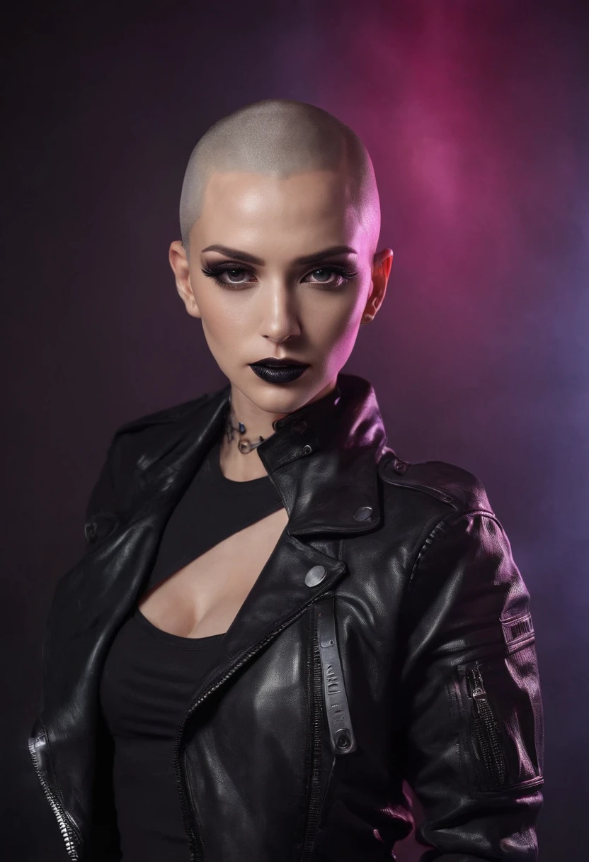 Beautiful shaved head woman dressed in leather jacket and fishnet bodysuit posing for a photo in a night club, black make-up, techno aesthetic, sensual pose, ultra detailed, photorealistic, masterpiece.